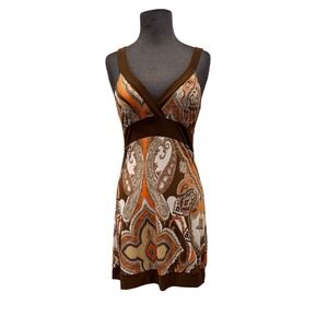 Focus Paisley Print V-Neck Empire Waist Mini Dress Brown Orange Size Medium 5127